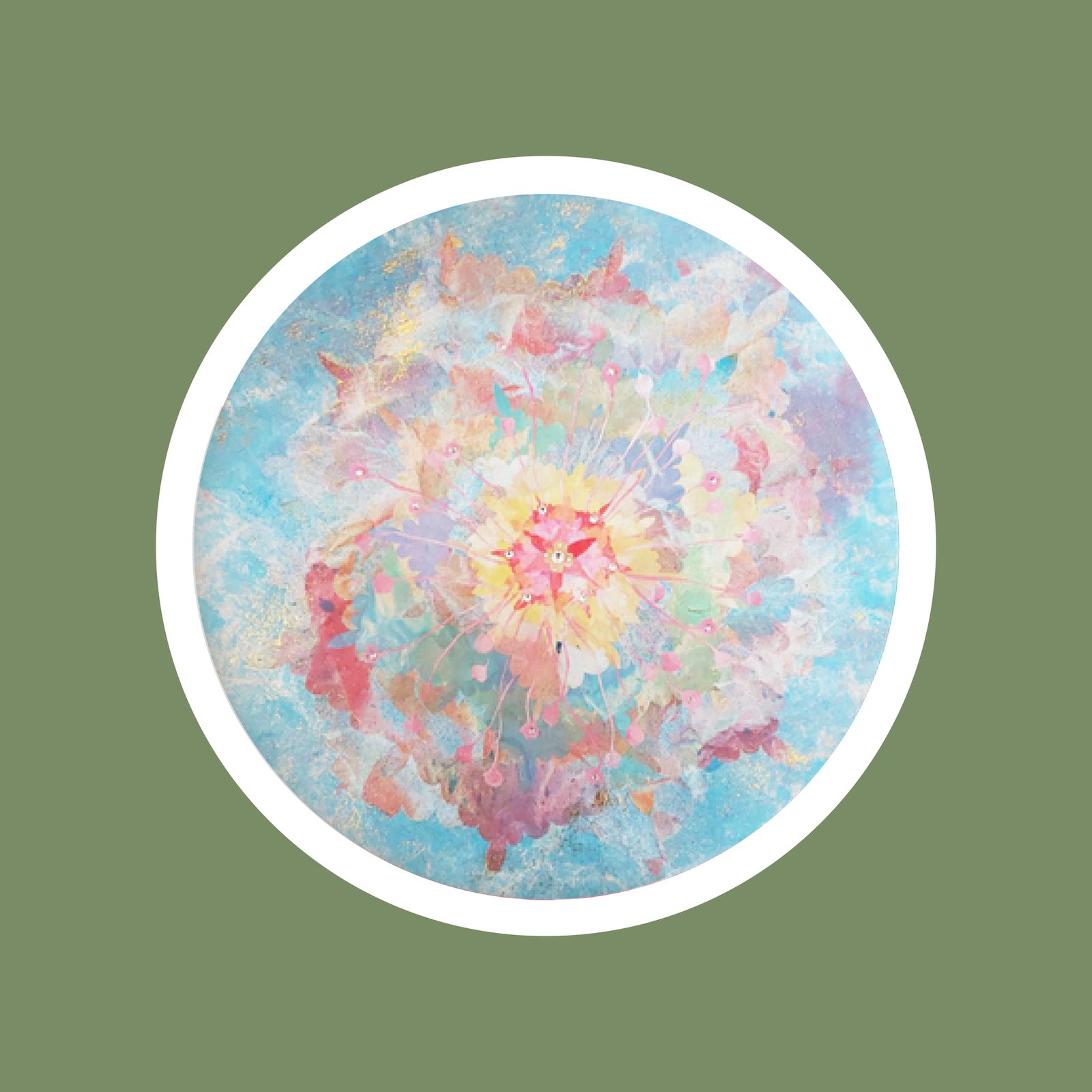 Two round mineral paintings in pale blue and magenta on a sage-green ground