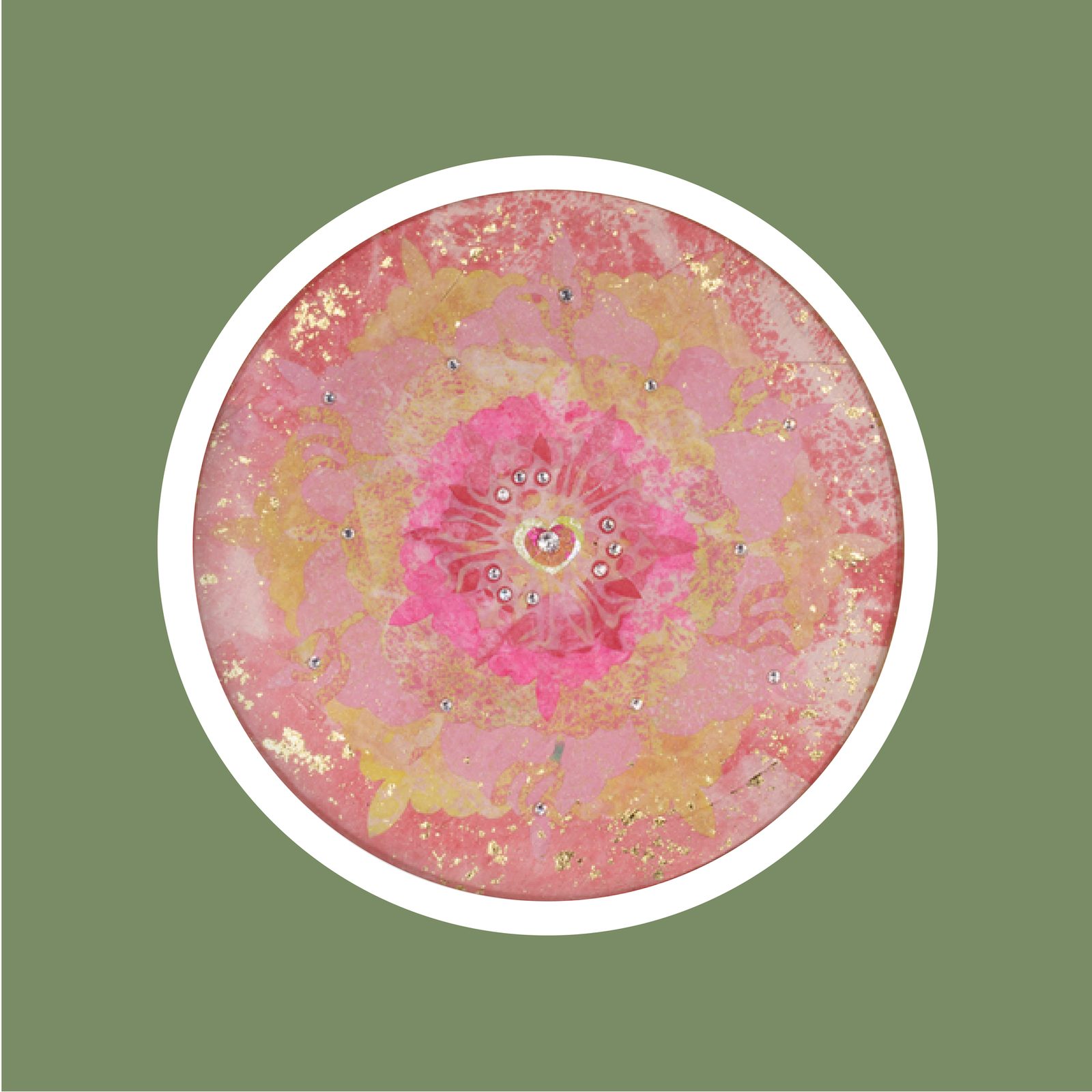 Two round mineral paintings in coral and pink on a sage-green ground