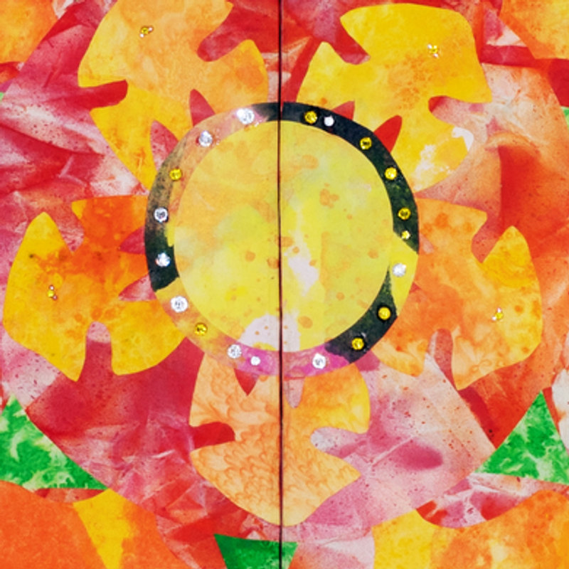 Mineral Painting, 2018 (detail). The gold-leaf ring at the centre of the mandala, set with crystals, on yellow and orange petals, with the centre seam of the diptych