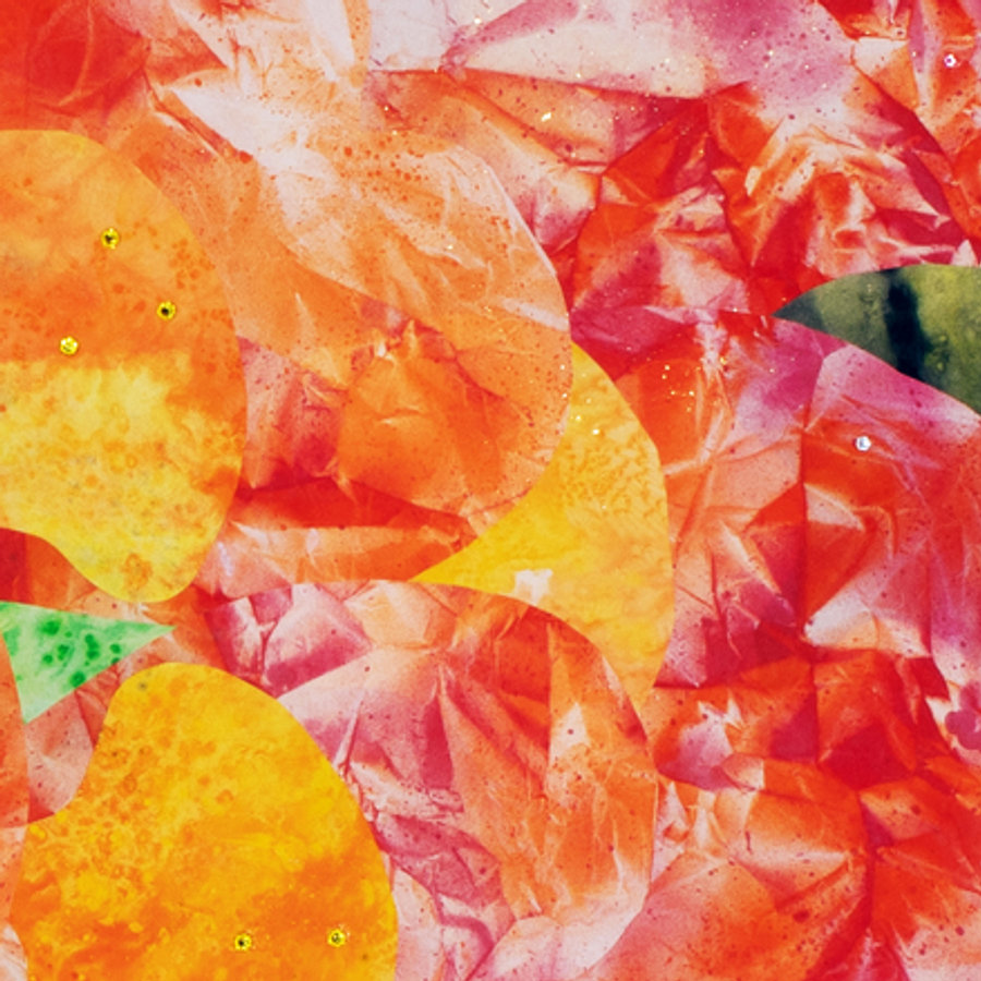 Mineral Painting, 2018 (detail). Overlapping crinkled petals in coral, orange and yellow with small crystals set into the surface