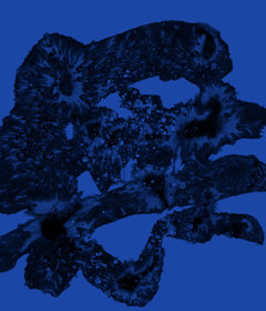 Untitled (single character), 2022. Ink on rice paper: a black ink mass with crystalline mottling on a cobalt ground