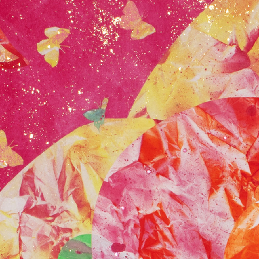 Mineral Painting, 2018 (detail). Magenta pigment ground flecked with gold, with yellow butterfly cut-outs and the edge of a crinkled petal