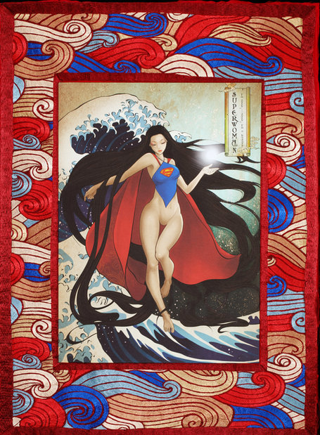 Heroine I, 2015. Hand embroidery, engraving and foil: a caped heroine with long black hair before a great wave, within a border of waves embroidered in red, blue and gold