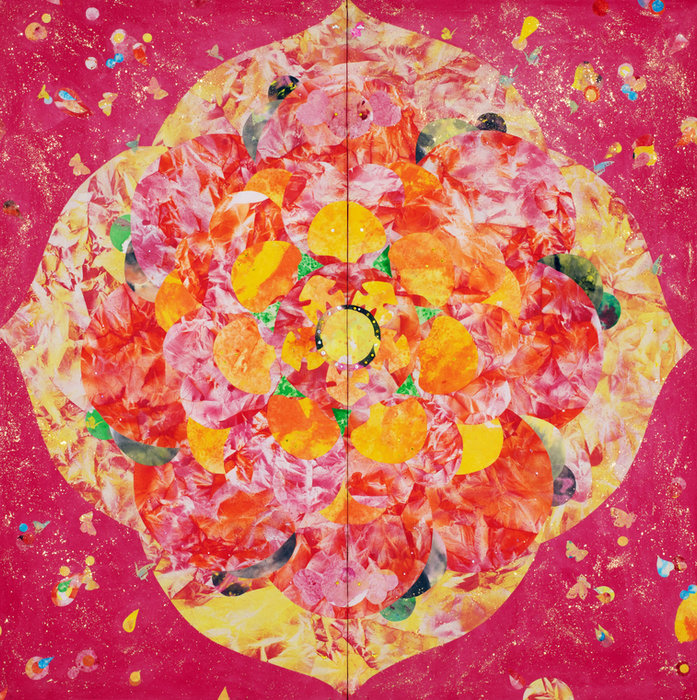 Mineral Painting, 2018. Mineral pigment and crystal on hand-mounted paper: a lotus mandala of pink, coral and yellow petals with gold flecks on a magenta ground