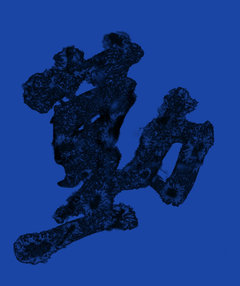 勤 Diligent, 2022. Ink on rice paper: the character 勤 in textured black ink on a cobalt ground